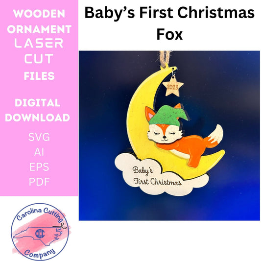 Baby Fox Baby's First Christmas Ornament SVG, Digital Download, Moon and Stars