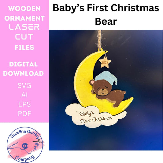 Baby Bear Sleeping Baby's First Christmas Ornament SVG, Digital Download, Moon and Stars