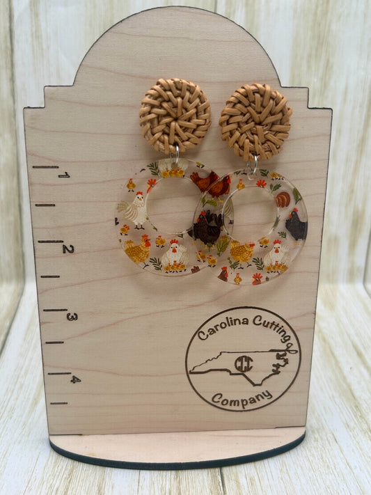 Round Chicken Patterned Earrings with Straw Topper