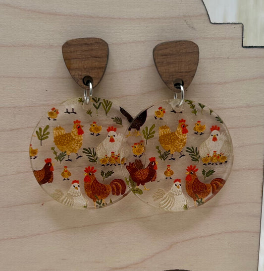 Round Chicken Patterned Earrings with Walnut Topper