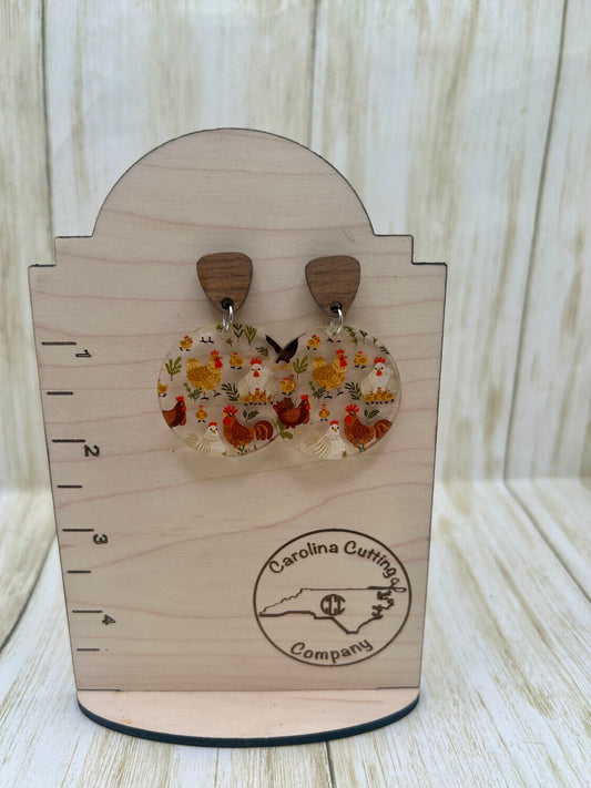 Round Chicken Patterned Earrings with Walnut Topper